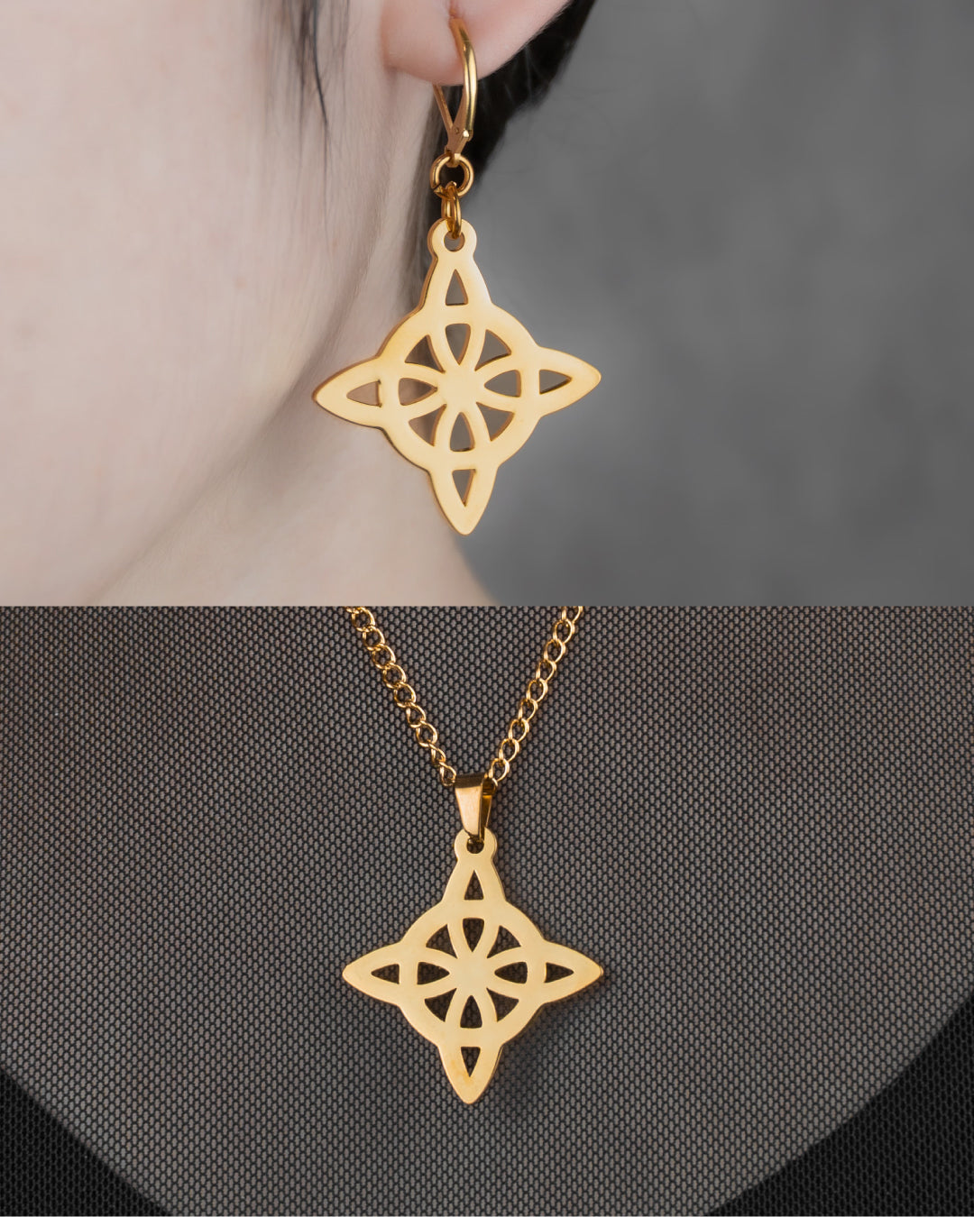 Gold Nudo de Bruja (Acero Inoxidable) | Aritos y Collar